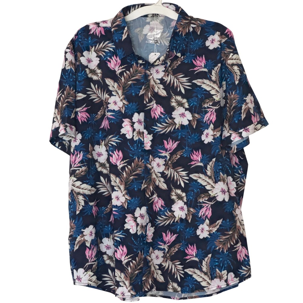 Coofandy Button Down Shirt Mens 2XL Navy Blue Tropical Floral Short Sleeve NWT